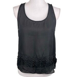 Timing Black Sheer Embroidered Boho Tassel Hem Tank Top Size Medium